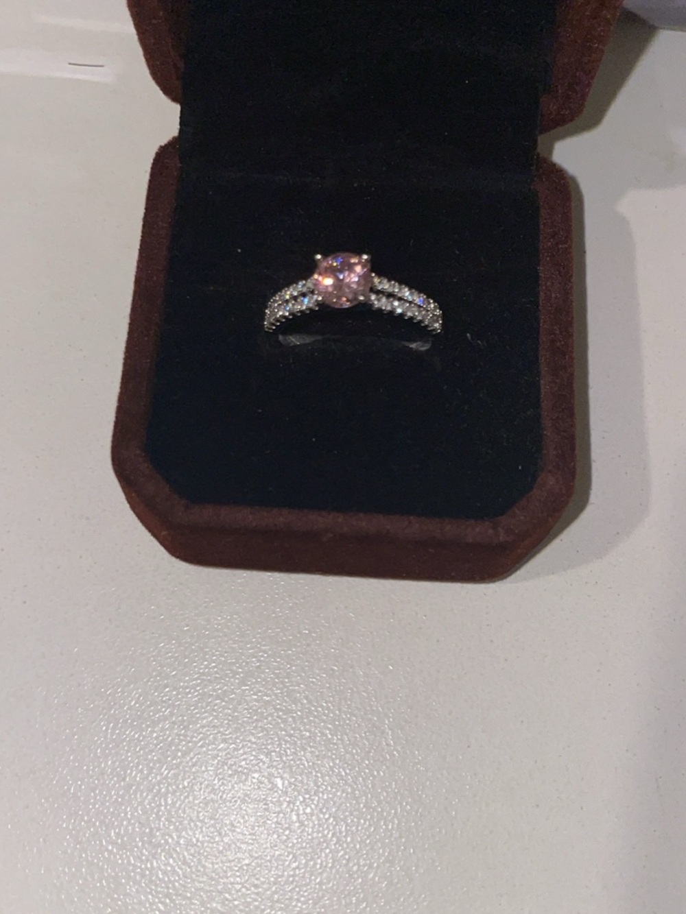 Pink Stone Silver Ring with Pavé Accent